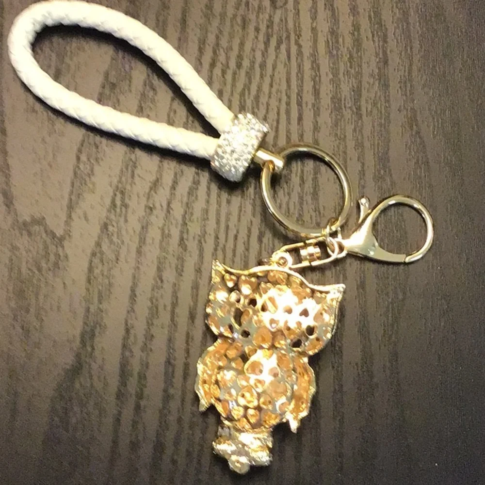 Gold and White Owl Key‎ Holder with Rhinestone Accents